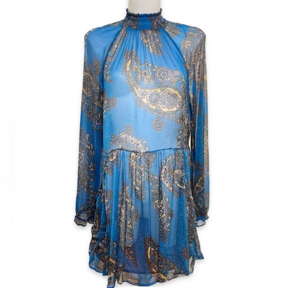 Free People Moonstruck Shear Paisley Boho Mini Dress-Medium-Flawed Gem